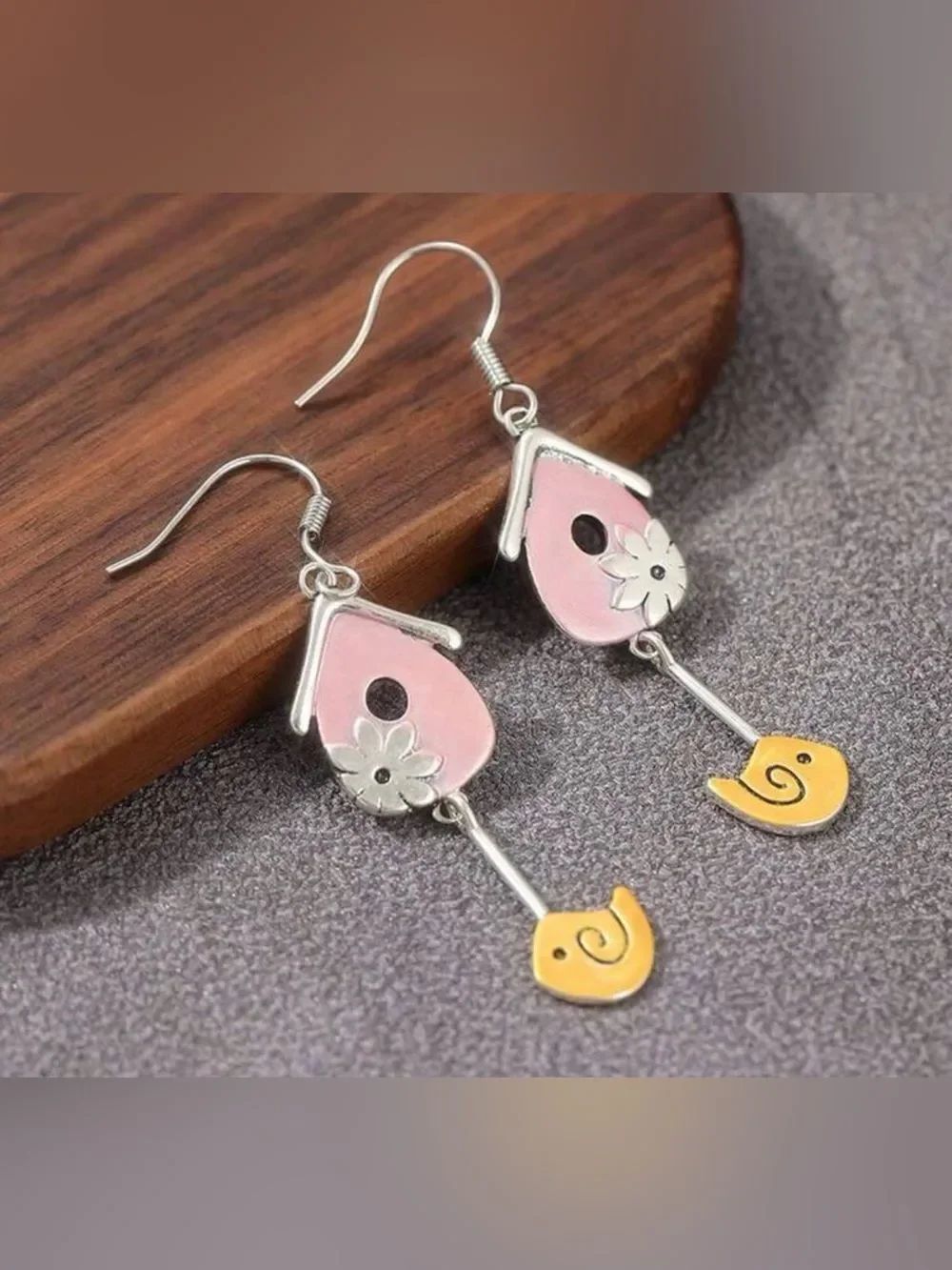 Pink & Yellow Birdhouse Drop Earrings A2075